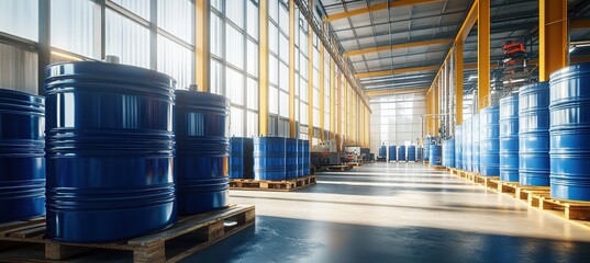 Poster - Industrial Facility Shows Rows of Blue Barrels Stored on Pallets, Bright Sunlight Streaming Through Windows