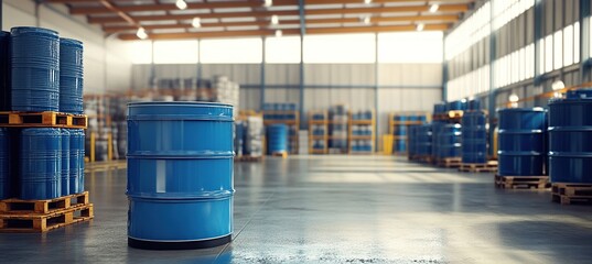 Poster - Industrial Warehouse: Blue Barrels Stored on Pallets in a Large Facility, Efficient Logistics and Supply Chain Management