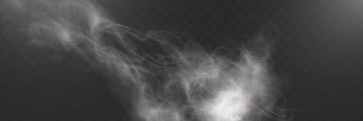 Poster - Realistic white smoke or mist effect with soft, swirling patterns on a transparent background. Perfect for overlays and atmospheric designs.	