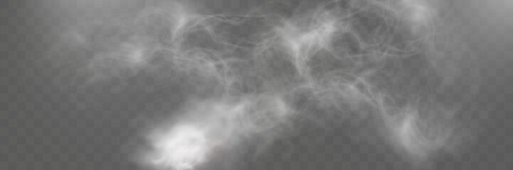 Poster - Realistic white smoke or mist effect with soft, swirling patterns on a transparent background. Perfect for overlays and atmospheric designs.	