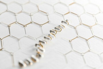 Poster - DNA strand visualization with data analysis overlay on hexagonal grid layout, DNA strand and data analysis over hexagonal grid background