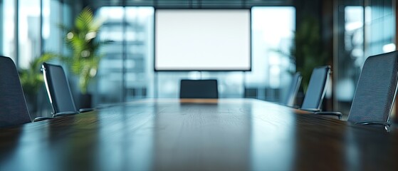 Wall Mural - Modern conference room, city view, empty chairs, screen