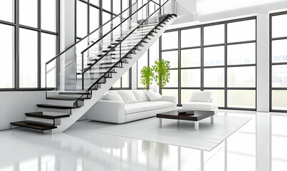 Poster - Modern white living room with stairs, city view