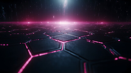 Poster - Luminous Hexagon Grid Surface with Shining Horizon and Metallic Texture for Sci Fi Visuals
