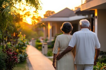 An elegant Indian senior couple, taking an evening stroll in a well-maintained gated community, surrounded by lush greenery and modern villas.