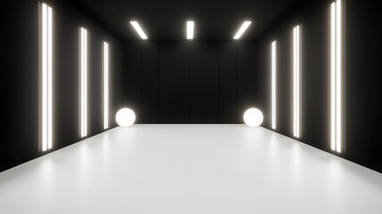 Poster - Modern Interior Space with Illuminated Geometric Elements and Spherical Accent Lights