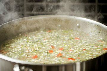 Wall Mural - Simmering soup on stove, kitchen background, food preparation