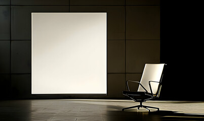 Poster - Modern chair, blank canvas, dark room, waiting