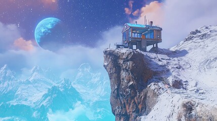 Futuristic space station on a rocky cliff overlooking a giant glowing blue planet. A sci-fi landscape with a surreal and otherworldly atmosphere. Generative AI.