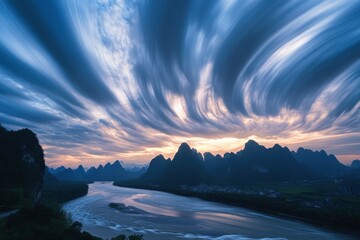 Poster - Timelapse showcasing beautiful clouds flowing over the mountains at sunset, Time-lapse of beautiful clouds flowing over the mountains and a river in China