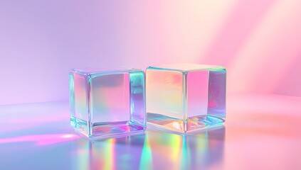 Poster - Iridescent Glass Cubes Reflecting Light, Vibrant Pastel Colors Showcase Minimalist Design Aesthetic.