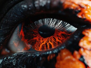 Fiery orange eye close-up, dark background, fantasy art