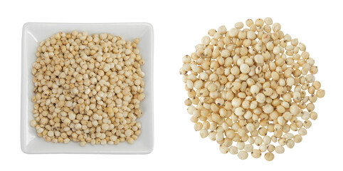 Wall Mural - Sorghum seeds in ceramic bowl isolated on white background. Top view. Flat lay.