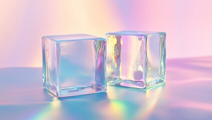 Poster - Iridescent Glass Cubes Reflect Light Beautifully on Pastel Background, Creating Abstract Art