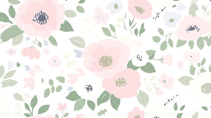 Poster - Pastel Floral Harmony Seamless Pattern Design Featuring Watercolor Style Flowers and Green Leaves Texture