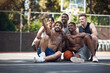 © peopleimages.com - Happy men, basketball and selfie with team on court for photography, picture or memory together. Group, friends or players with smile for capture, moment or social media post on sports ground at park