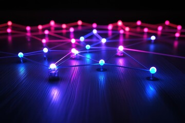 Fototapete - Neon network of colorful connections glowing on a dark surface at night, neon network of connections on black background