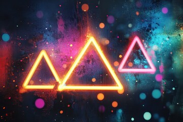 Poster - Vibrant neon triangles illuminated over colorful light spots in abstract background, neon triangles over light spots