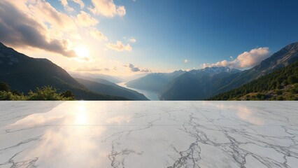 Poster - Business concept - Empty marble floor top with panoramic sky view of mountain under sunrise and morning blue bright sky for display or montage product