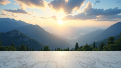Poster - Business concept - Empty marble floor top with panoramic sky view of mountain under sunrise and morning blue bright sky for display or montage product