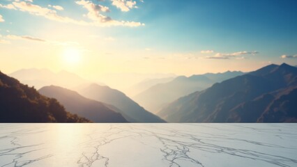 Poster - Business concept - Empty marble floor top with panoramic sky view of mountain under sunrise and morning blue bright sky for display or montage product