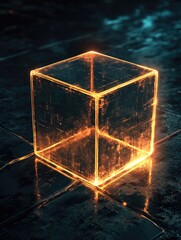 Glowing glass cube on dark surface; abstract tech concept