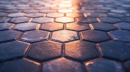 Poster - Reflected Light on a Pattern of Dark Gray Hexagonal Floor Tiles with Grout Lines Detail