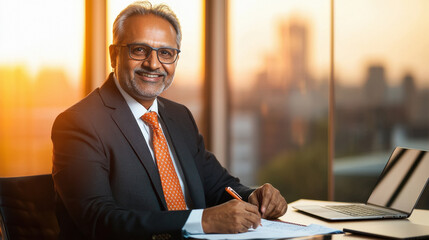 Wall Mural - indian middle-aged businessman writing on paper at office