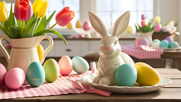 painted easter eggs & tulips on a rustic wooden table, pastel spring composition, happy easter greet