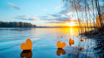 Wall Mural - Heart shaped leaves float on calm lake at sunset