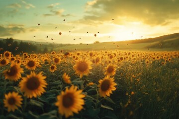 Aufkleber - Sunflowers bathed in golden sunset light, bees flitting among them in a serene field.