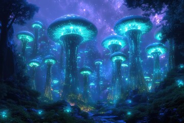 Poster - A surreal, bioluminescent forest of giant glowing mushrooms under a starry night sky.