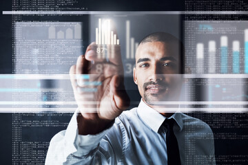Aufkleber - Businessman, hand and touch with overlay for futuristic interaction, innovation or technology at office. Happy man, employee or analyst with UX, UI or dashboard for Ai control, HUD or statistics