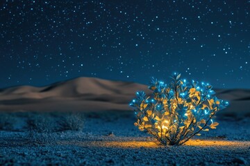 Poster - A glowing plant illuminates a desert landscape under a starlit night sky, creating a surreal and magical scene.