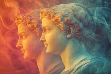 Poster - Ancient sculpture heads create a mesmerizing effect with swirling colors and movement, ancient sculpture heads moving over waving multi coloured background