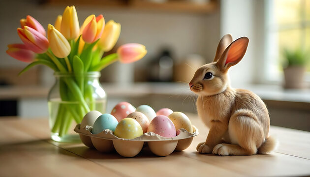painted easter eggs & tulips on a rustic wooden table, pastel spring composition, happy easter greet