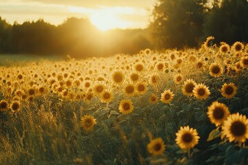 Aufkleber - Golden hour sunset illuminating a vast field of sunflowers, creating a breathtaking natural scene.