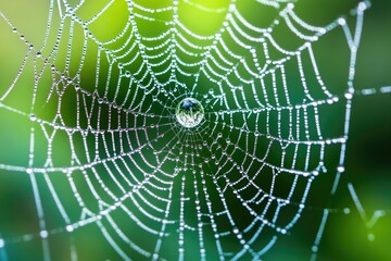 Fototapete - Dew-covered spiderweb glistening in the morning sun, a delicate masterpiece of nature.