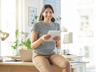 Aufkleber - Woman, happy and tablet in office at startup for notification, contact or schedule at media company. Person, writer and portrait with touchscreen, app or notes for editing at creative agency in Italy