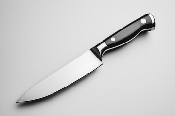 the polished blade of a stainless steel knife on a soft gray background.