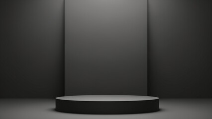 Poster - Elegant black cube stand for product placement mockup. Dark podium exhibition scene background. Minimal box platform showroom with spot light