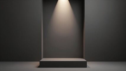 Poster - Elegant black cube stand for product placement mockup. Dark podium exhibition scene background. Minimal box platform showroom with spot light