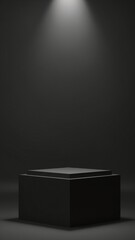 Poster - Elegant black cube stand for product placement mockup. Dark podium exhibition scene background. Minimal box platform showroom with spot light