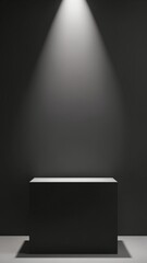 Poster - Elegant black cube stand for product placement mockup. Dark podium exhibition scene background. Minimal box platform showroom with spot light
