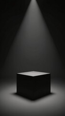 Poster - Elegant black cube stand for product placement mockup. Dark podium exhibition scene background. Minimal box platform showroom with spot light