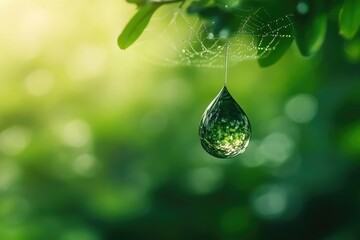 Aufkleber - A single dewdrop hangs from a spiderweb, reflecting the lush green foliage.