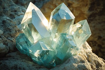 Leinwandbilder - A cluster of luminous, teal-colored crystals emerges from a rocky crevice, bathed in sunlight.