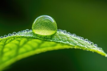 Poster - A large dewdrop sits atop a vibrant green leaf, surrounded by smaller droplets, showcasing the beauty of nature's details.