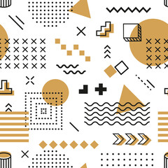 Poster - Hipster Memphis seamless pattern background with abstract geometric shapes. Vector vintage tile with golden, black and white colored figures. Trendy repeated ornament, creative wallpaper or print