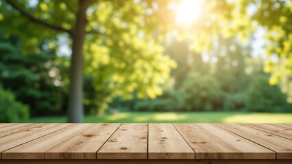 Poster - Empty wooden table with garden bokeh for a catering or food background with a country outdoor theme, Template mock up for display of product